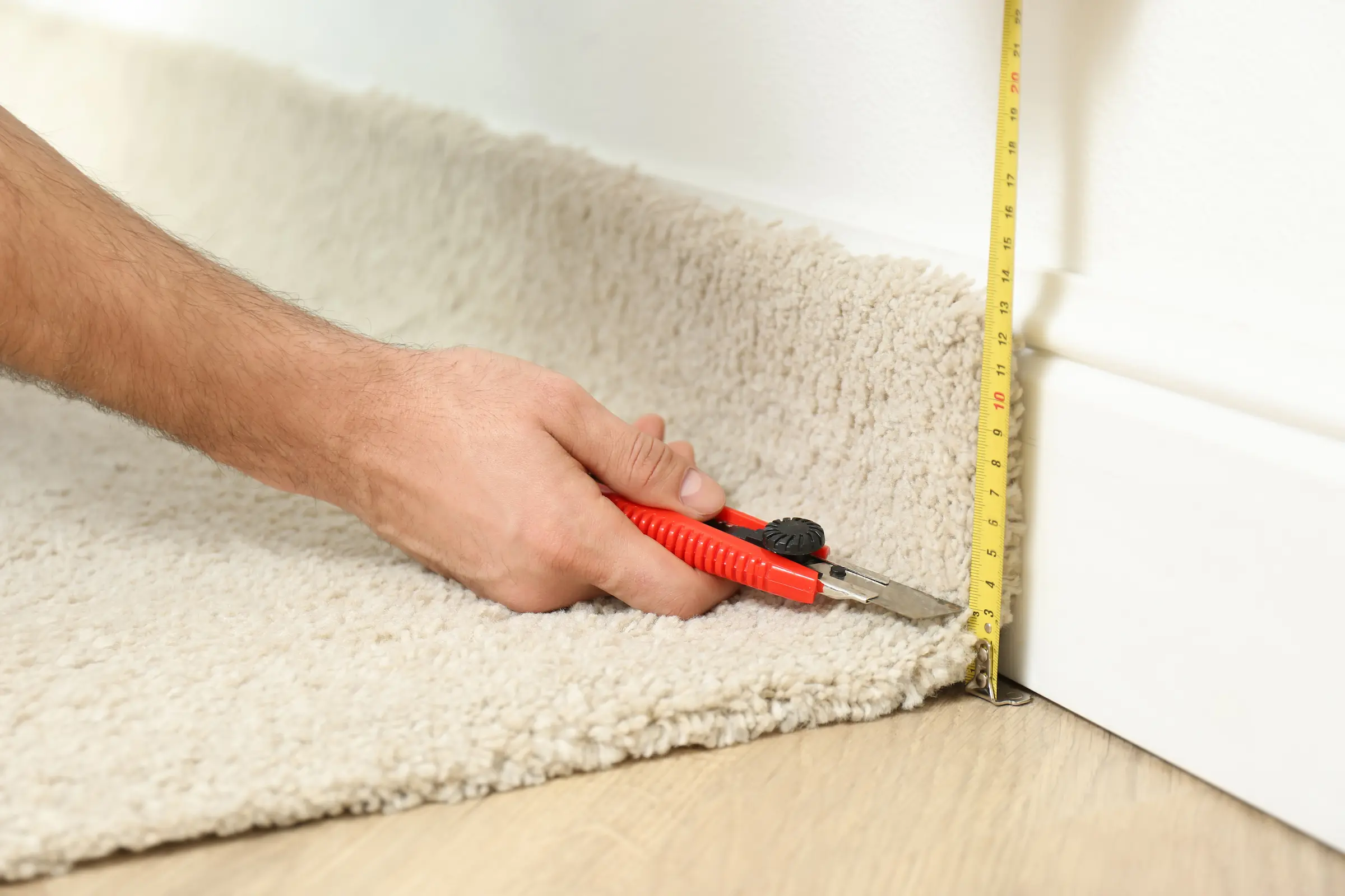 Measuring and cutting new carpet for home renovati